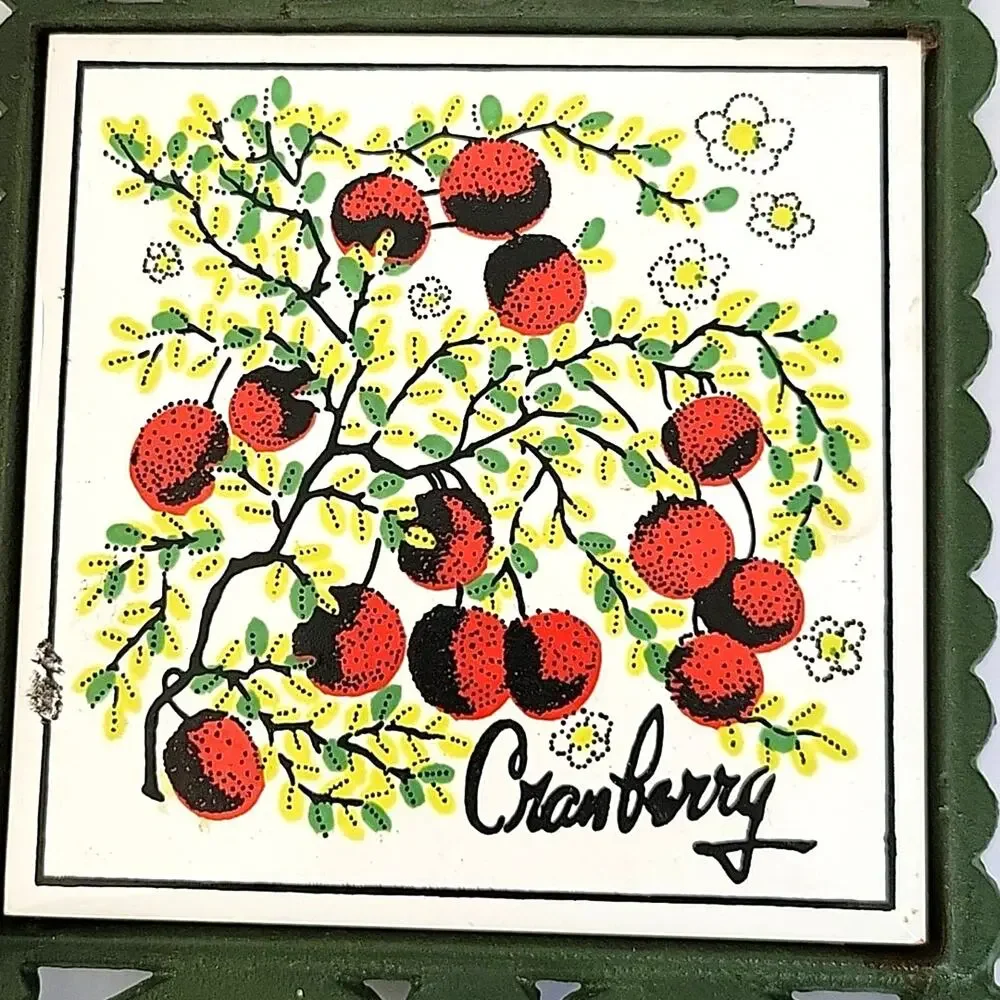 Vintage Mid Century Trivet Green Iron Cranberry Tile Footed Cottagecore Country